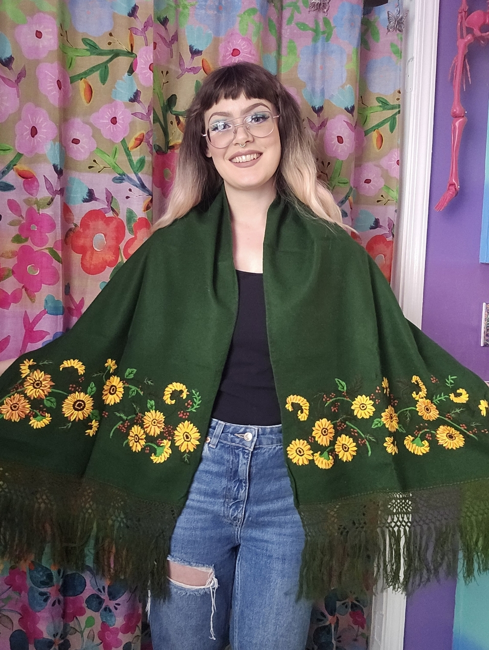 Forest Green Sunflower Shawl Wool Beautiful Scarf Tablerunner